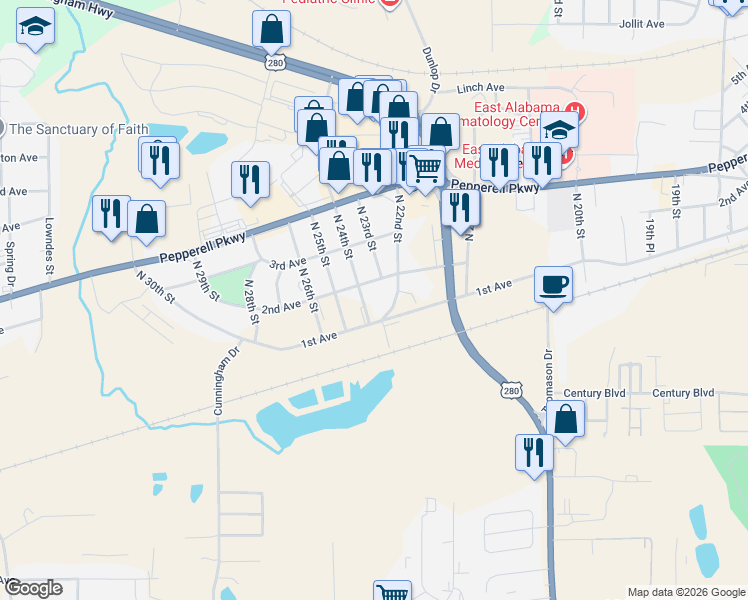 map of restaurants, bars, coffee shops, grocery stores, and more near 107 North 24th Street in Opelika