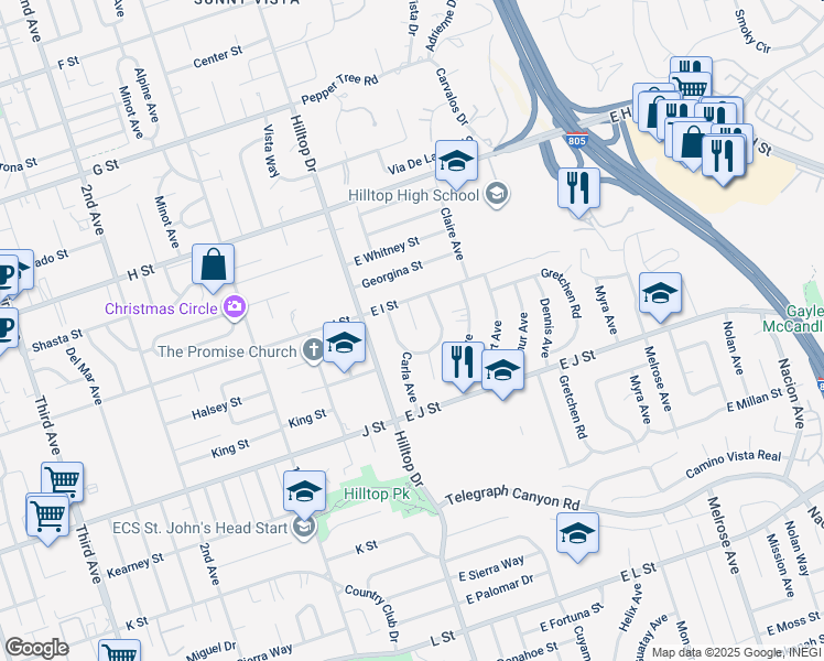 map of restaurants, bars, coffee shops, grocery stores, and more near 626 Belinda Way in Chula Vista