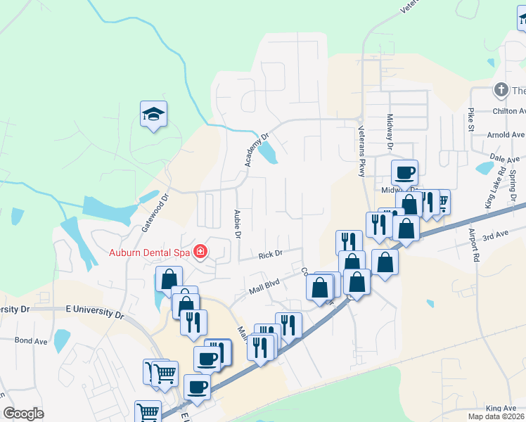 map of restaurants, bars, coffee shops, grocery stores, and more near 2027 Stephanie Court in Auburn