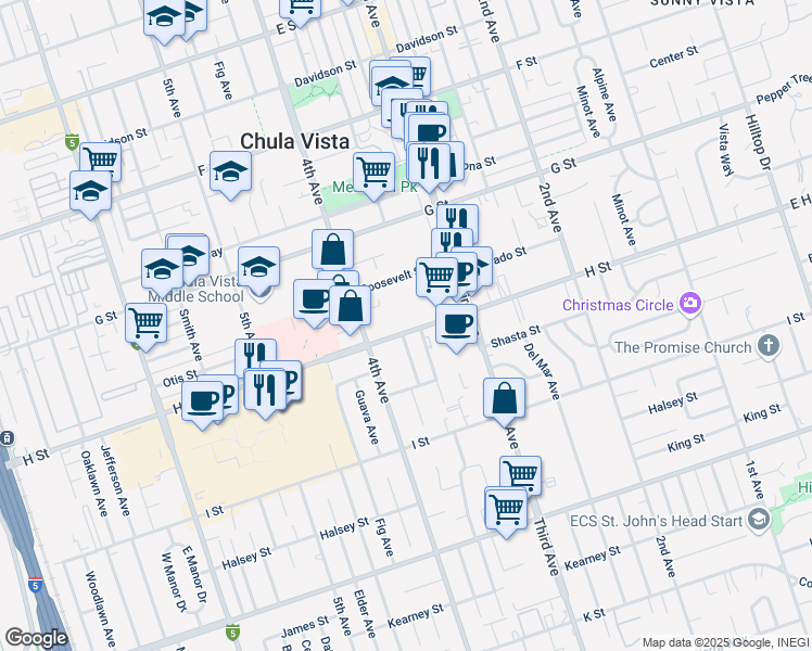 map of restaurants, bars, coffee shops, grocery stores, and more near 355 H Street in Chula Vista