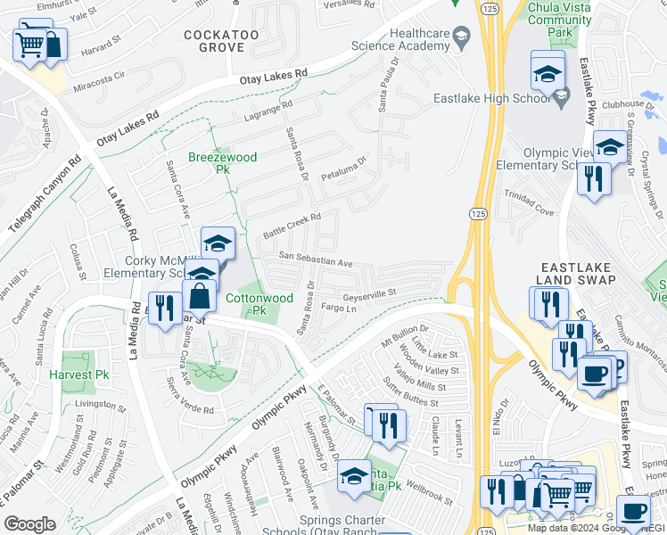 map of restaurants, bars, coffee shops, grocery stores, and more near 1865 Miner Creek Lane in Chula Vista