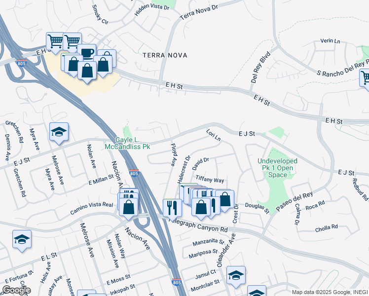 map of restaurants, bars, coffee shops, grocery stores, and more near 518 Berland Way in Chula Vista