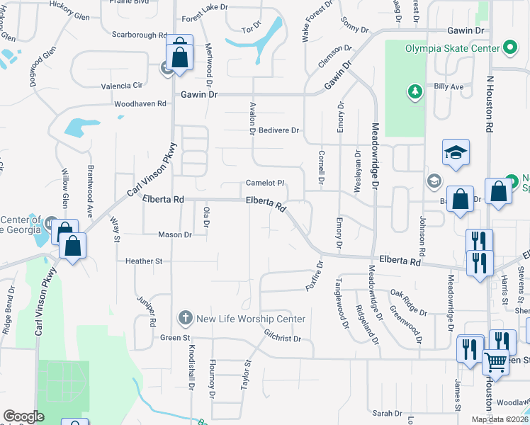 map of restaurants, bars, coffee shops, grocery stores, and more near 102 Fox Meadow Court in Warner Robins