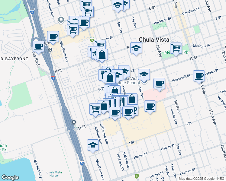 map of restaurants, bars, coffee shops, grocery stores, and more near 589 Vance Street in Chula Vista