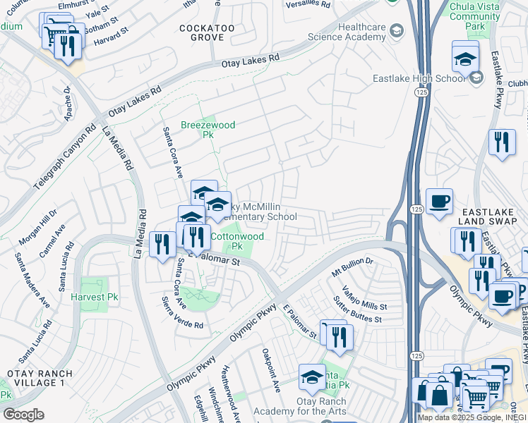 map of restaurants, bars, coffee shops, grocery stores, and more near 1841 Sebastopol Street in Chula Vista