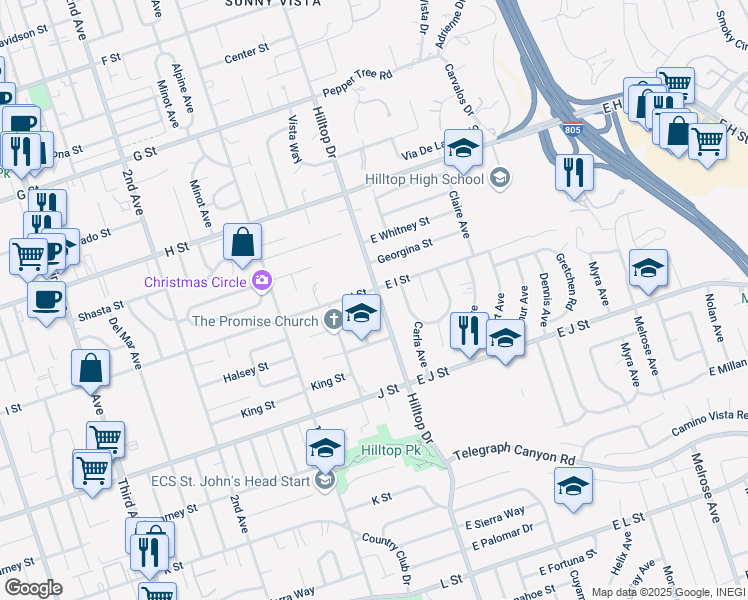 map of restaurants, bars, coffee shops, grocery stores, and more near 608 Hilltop Drive in Chula Vista