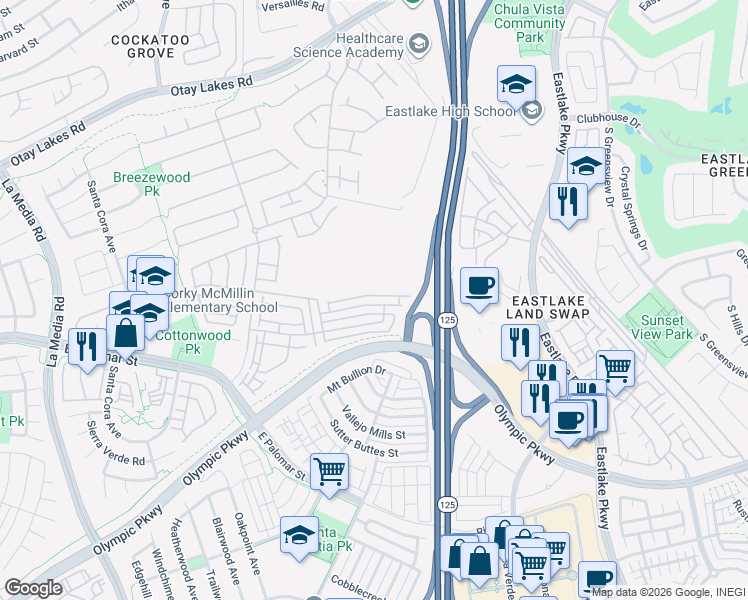 map of restaurants, bars, coffee shops, grocery stores, and more near 1991 Parker Mountain Road in Chula Vista