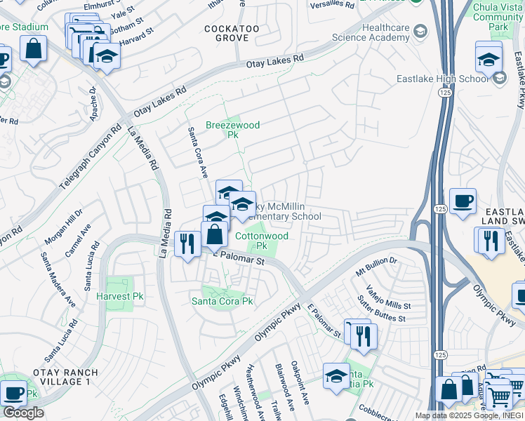 map of restaurants, bars, coffee shops, grocery stores, and more near 1300 Battle Creek Road in Chula Vista