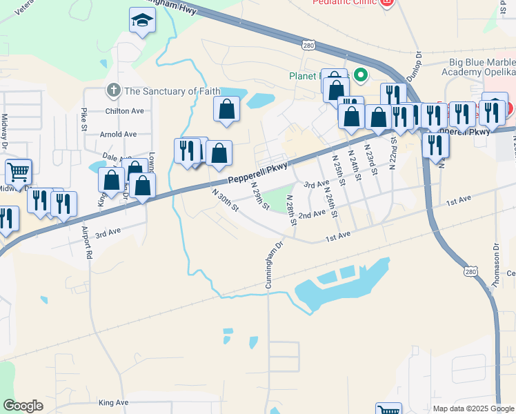 map of restaurants, bars, coffee shops, grocery stores, and more near 2907 3rd Avenue in Opelika