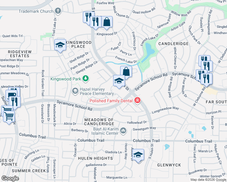 map of restaurants, bars, coffee shops, grocery stores, and more near 7444 Tallow Wind Trail in Fort Worth