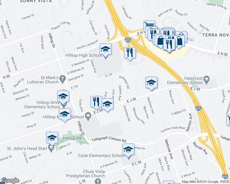 map of restaurants, bars, coffee shops, grocery stores, and more near 663 Arthur Avenue in Chula Vista
