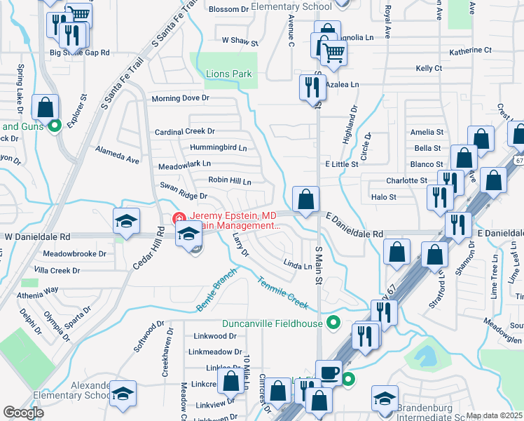 map of restaurants, bars, coffee shops, grocery stores, and more near 214 Swan Ridge Drive in Duncanville