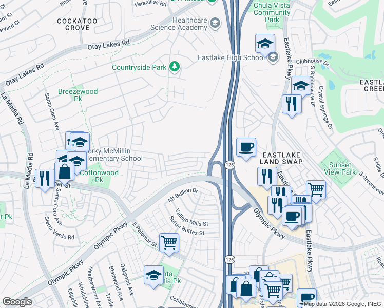map of restaurants, bars, coffee shops, grocery stores, and more near 1991 Parker Mountain Road in Chula Vista