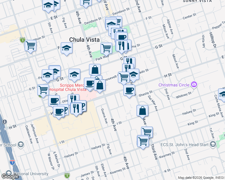 map of restaurants, bars, coffee shops, grocery stores, and more near 355 H Street in Chula Vista