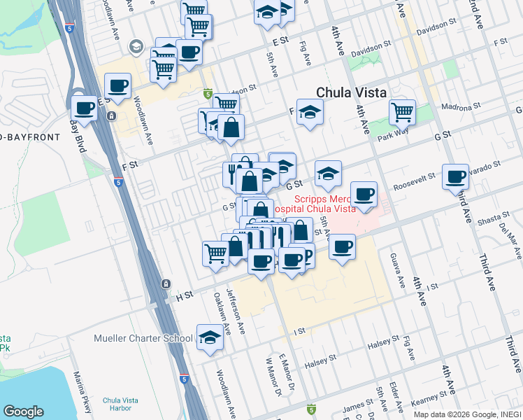 map of restaurants, bars, coffee shops, grocery stores, and more near 589 Vance Street in Chula Vista