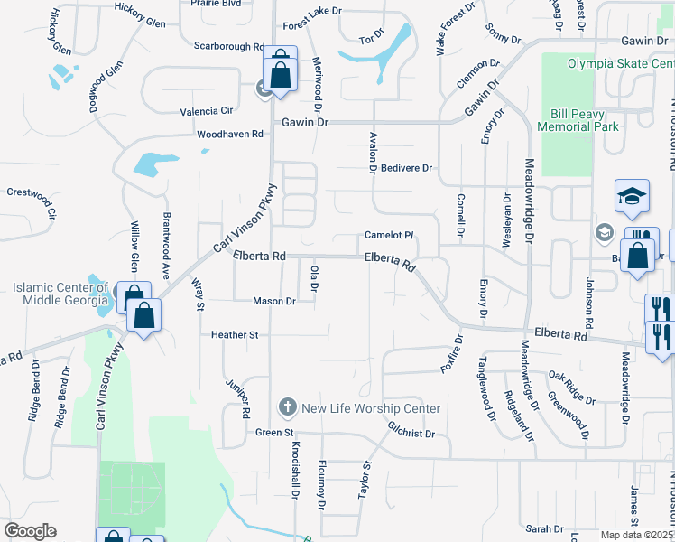 map of restaurants, bars, coffee shops, grocery stores, and more near 2110 Elberta Road in Warner Robins