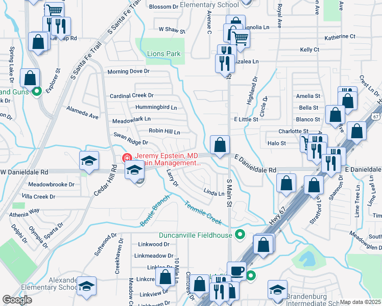 map of restaurants, bars, coffee shops, grocery stores, and more near 214 Swan Ridge Drive in Duncanville