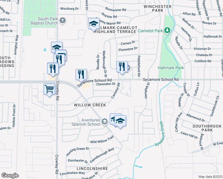 map of restaurants, bars, coffee shops, grocery stores, and more near 1412 Sunny Glen Street in Fort Worth