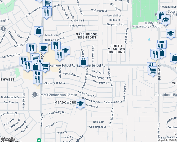 map of restaurants, bars, coffee shops, grocery stores, and more near 7513 Blue Sage Circle in Fort Worth