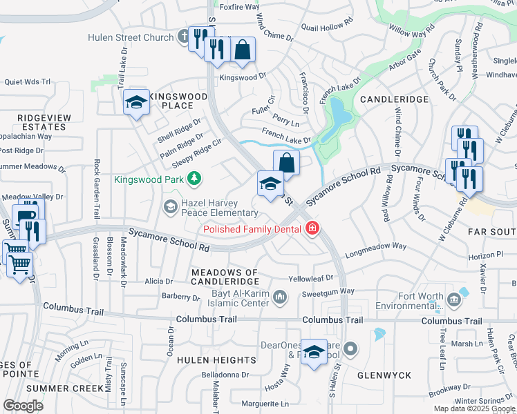 map of restaurants, bars, coffee shops, grocery stores, and more near 7444 Tallow Wind Trail in Fort Worth