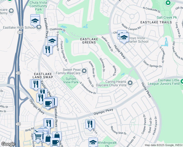 map of restaurants, bars, coffee shops, grocery stores, and more near 2380 Green River Dr in Chula Vista
