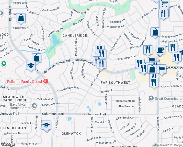 map of restaurants, bars, coffee shops, grocery stores, and more near 4016 7 Gables Street in Fort Worth