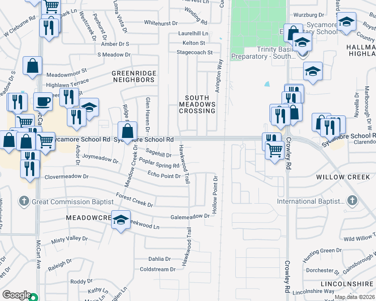 map of restaurants, bars, coffee shops, grocery stores, and more near 2421 Hawkwood Court in Fort Worth