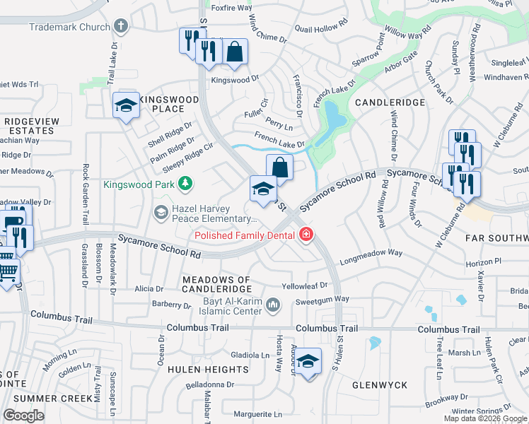 map of restaurants, bars, coffee shops, grocery stores, and more near 4640 Sycamore School Road in Fort Worth