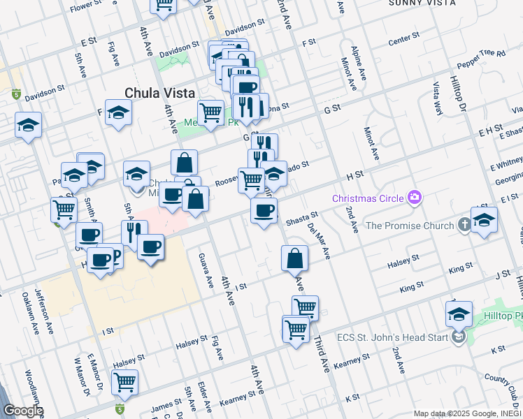 map of restaurants, bars, coffee shops, grocery stores, and more near 318 H Street in Chula Vista