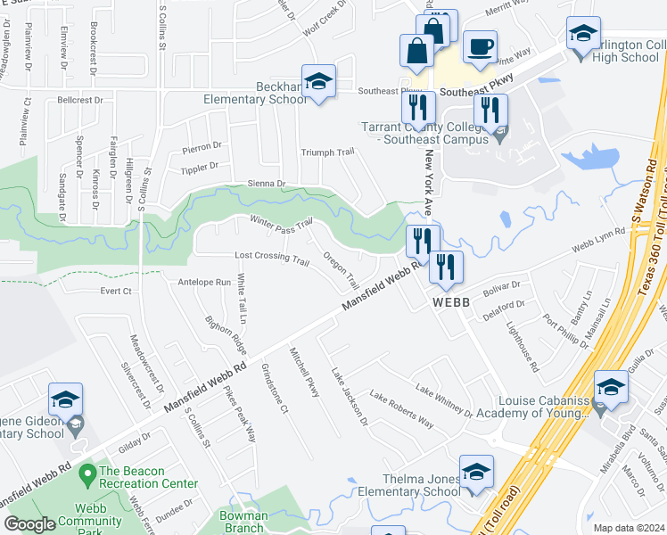 map of restaurants, bars, coffee shops, grocery stores, and more near 6730 Oregon Trail in Arlington