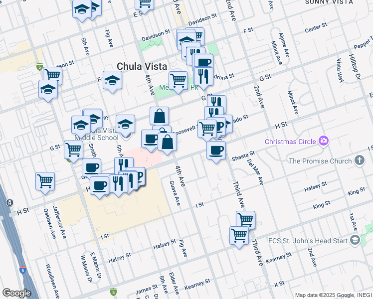 map of restaurants, bars, coffee shops, grocery stores, and more near 487 4th Avenue in Chula Vista