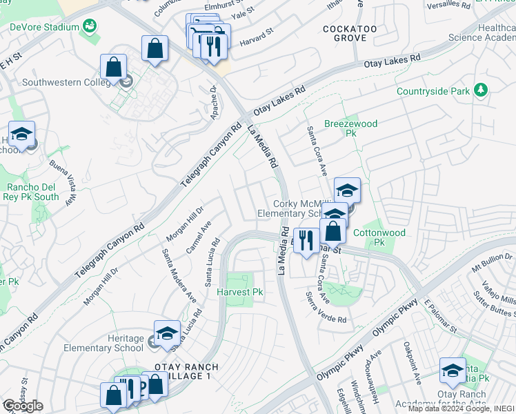 map of restaurants, bars, coffee shops, grocery stores, and more near 1151 Santa Delphina Avenue in Chula Vista