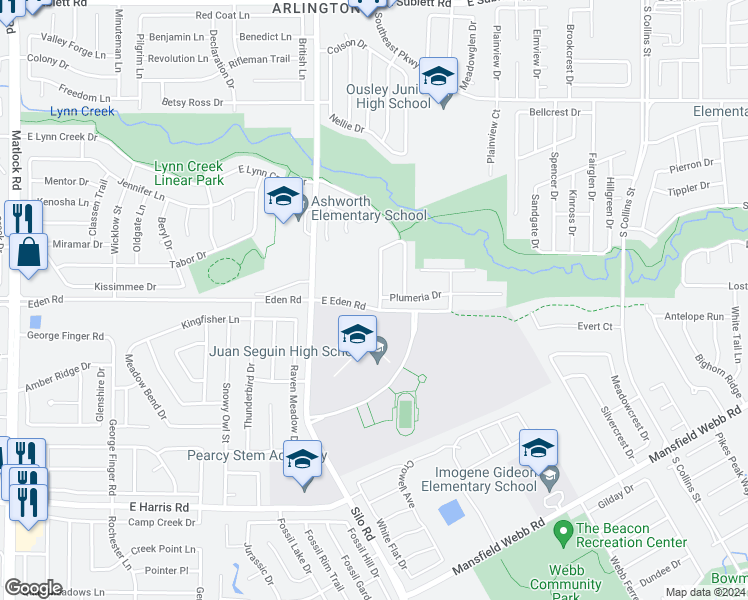 map of restaurants, bars, coffee shops, grocery stores, and more near 6728 Snapdragon Lane in Arlington