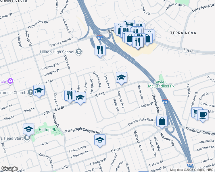 map of restaurants, bars, coffee shops, grocery stores, and more near 684 Myra Avenue in Chula Vista