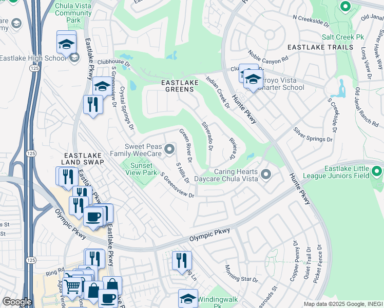 map of restaurants, bars, coffee shops, grocery stores, and more near 2381 Green River Drive in Chula Vista