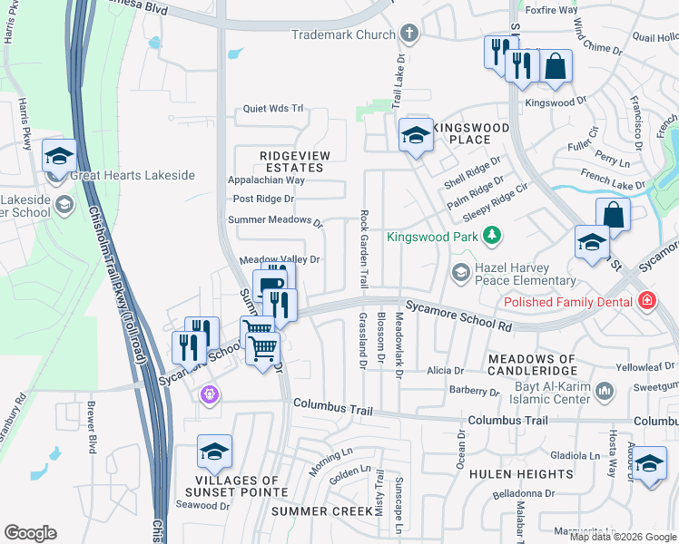 map of restaurants, bars, coffee shops, grocery stores, and more near 7500 Sweet Meadows Drive in Fort Worth