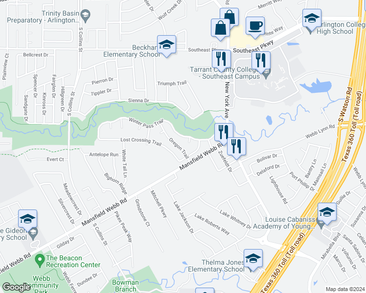 map of restaurants, bars, coffee shops, grocery stores, and more near 6735 Oregon Trail in Arlington