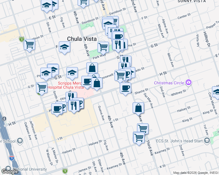 map of restaurants, bars, coffee shops, grocery stores, and more near 355 H Street in Chula Vista