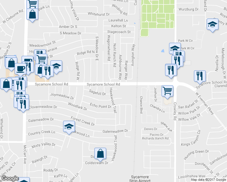 map of restaurants, bars, coffee shops, grocery stores, and more near 2421 Hawkwood Court in Fort Worth