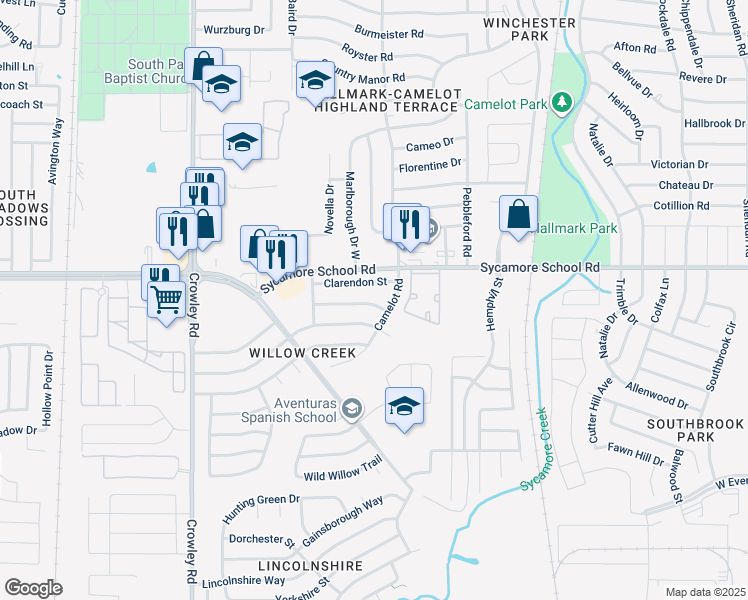map of restaurants, bars, coffee shops, grocery stores, and more near 1412 Sunny Glen Street in Fort Worth