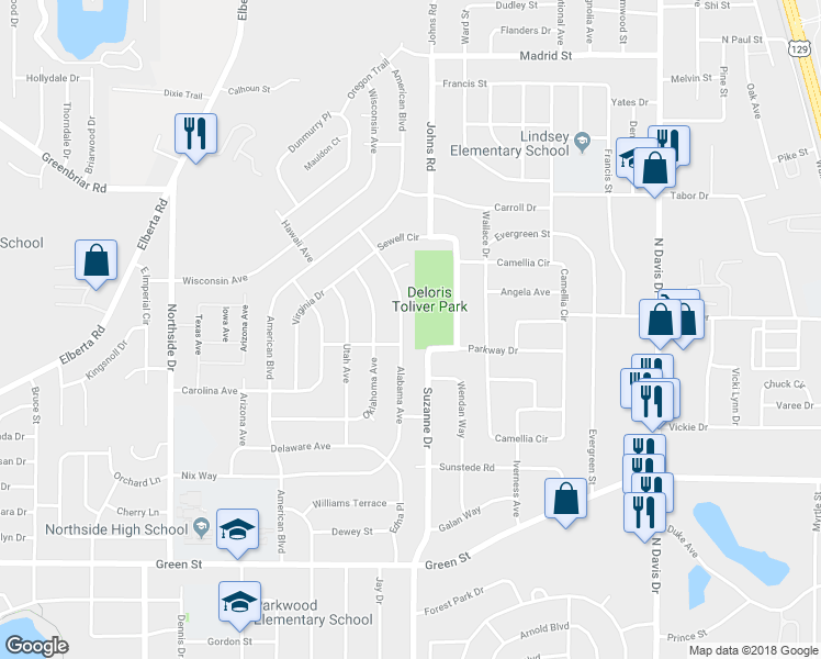 map of restaurants, bars, coffee shops, grocery stores, and more near 436 Alabama Avenue in Warner Robins