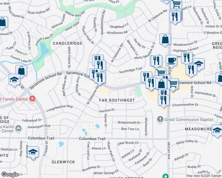 map of restaurants, bars, coffee shops, grocery stores, and more near 3901 Sycamore School Road in Fort Worth