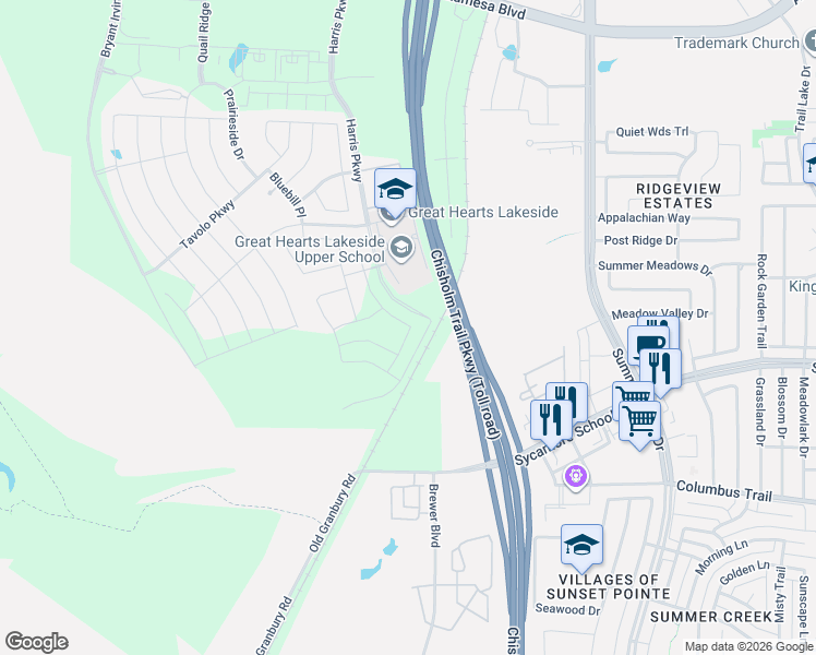 map of restaurants, bars, coffee shops, grocery stores, and more near Chisholm Trail Parkway in Fort Worth