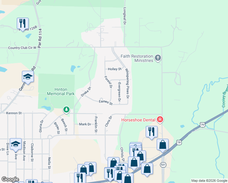 map of restaurants, bars, coffee shops, grocery stores, and more near 1306 Forest Drive in Minden