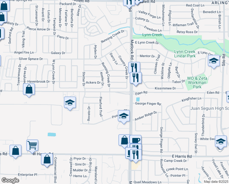 map of restaurants, bars, coffee shops, grocery stores, and more near 710 Eden Road in Arlington