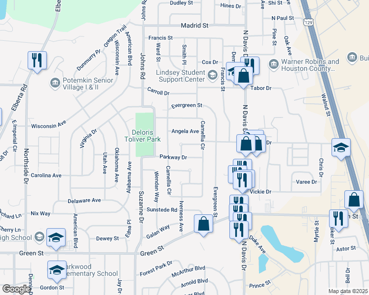 map of restaurants, bars, coffee shops, grocery stores, and more near 105 Charles Circle in Warner Robins