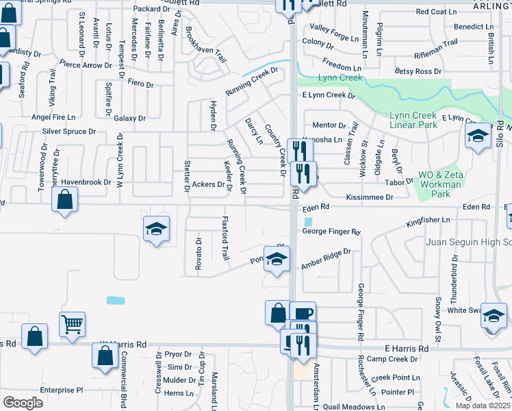 map of restaurants, bars, coffee shops, grocery stores, and more near 710 Eden Road in Arlington