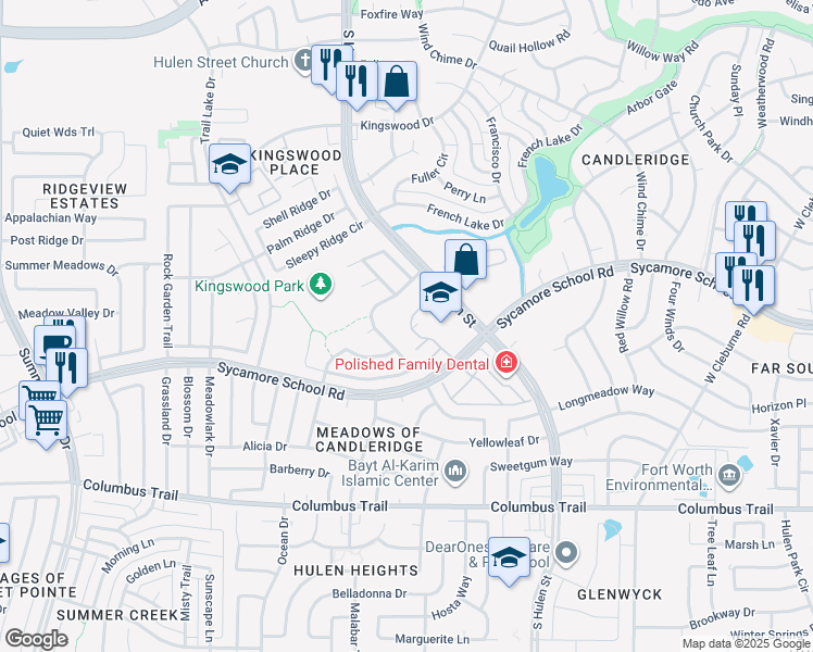 map of restaurants, bars, coffee shops, grocery stores, and more near 7444 Tallow Wind Trail in Fort Worth