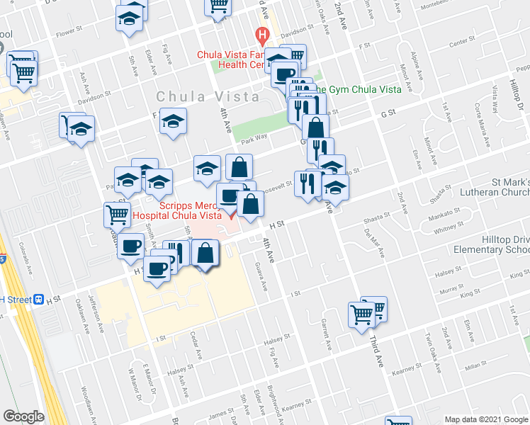 map of restaurants, bars, coffee shops, grocery stores, and more near in Chula Vista