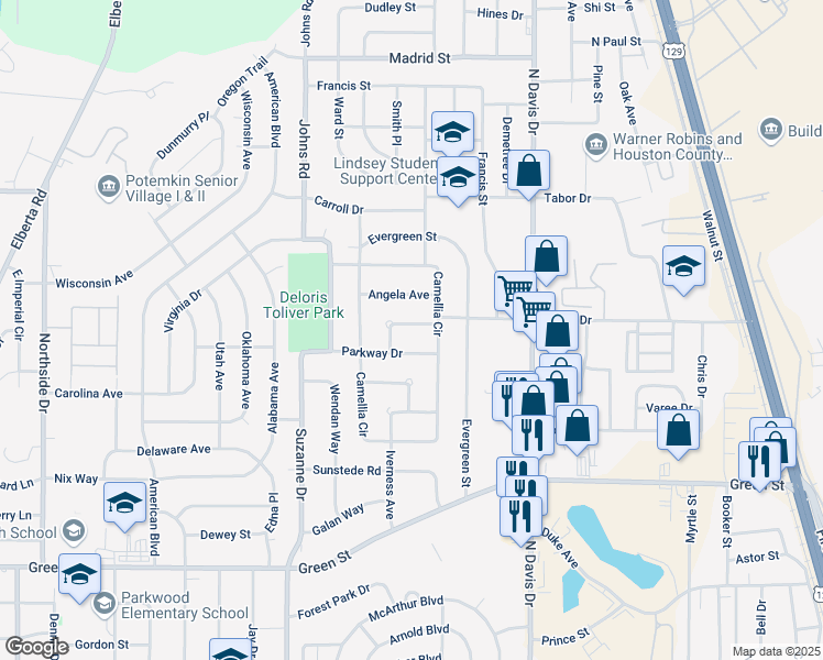 map of restaurants, bars, coffee shops, grocery stores, and more near 105 Charles Circle in Warner Robins
